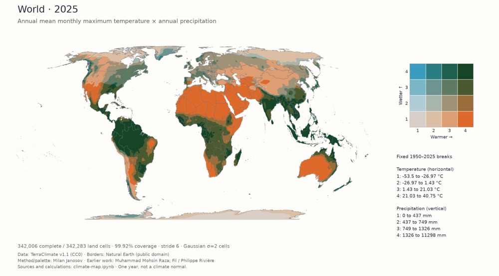 Bivariate World map for 2025 showing annual mean monthly maximum temperature and annual precipitation from TerraClimate v1.1, with a shared global scale and fixed 1950–2025 breaks.