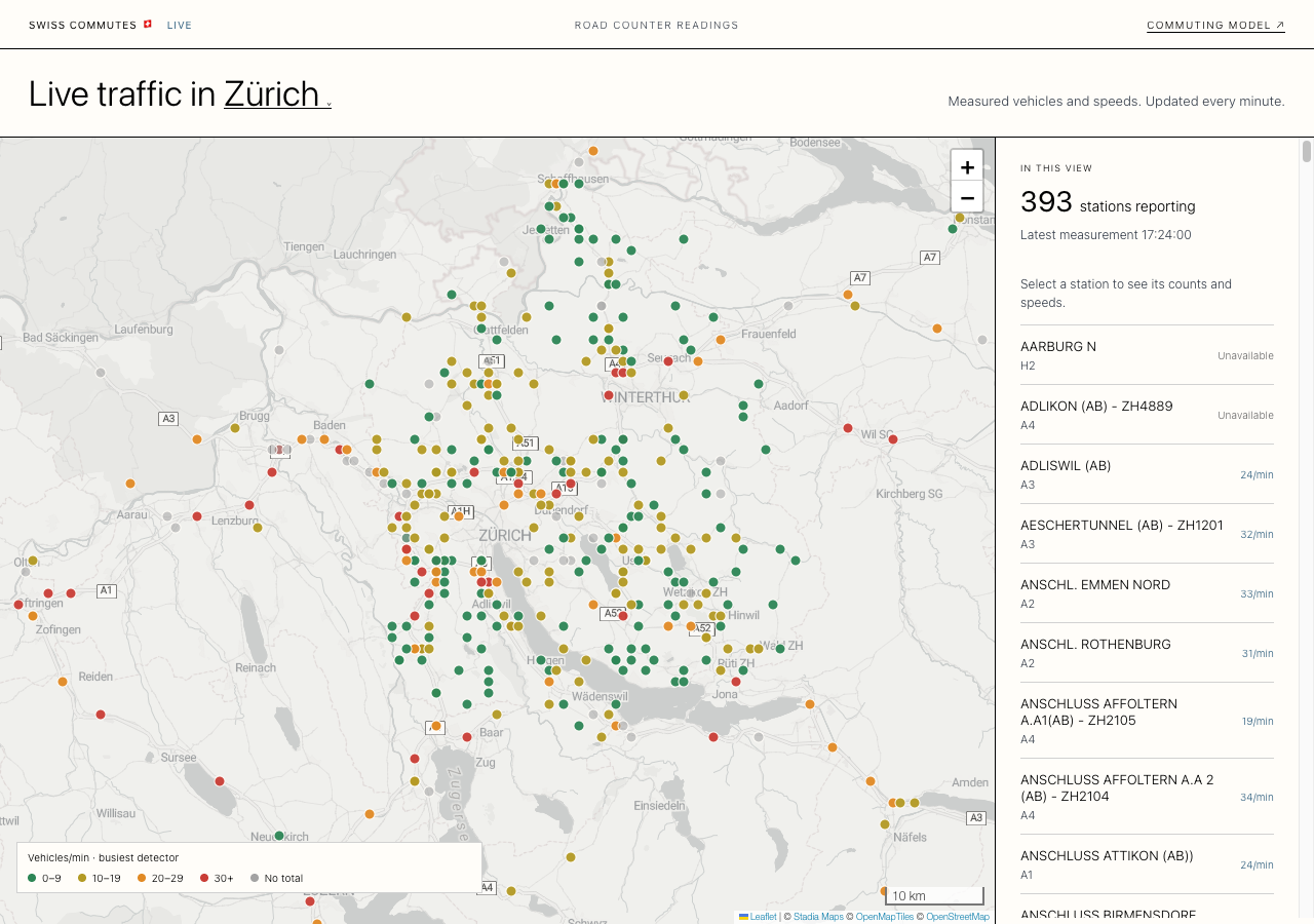 Live road traffic counters around Zürich, Thursday 10 September at 17:24