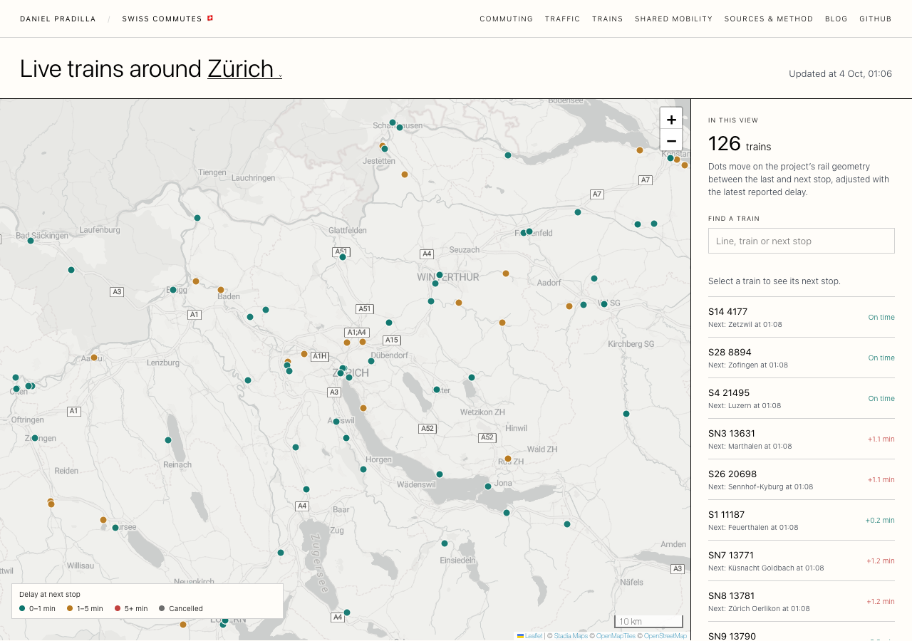 Live trains around Zürich, Sunday 4 October at 01:06
