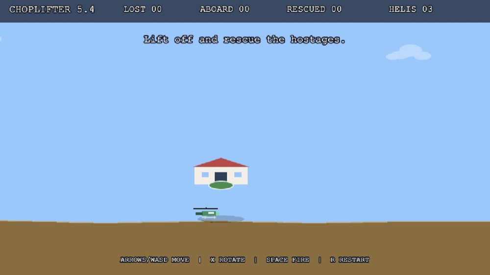 GPT-5.4’s Choplifter recreation showing the rescue field and mission counters