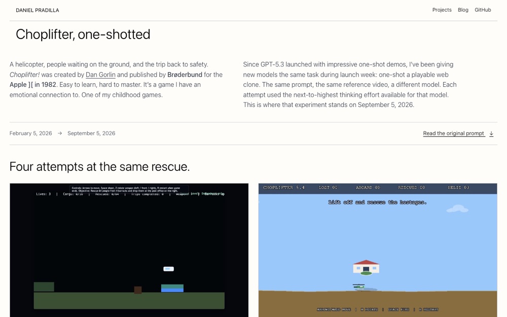 Choplifter experiments comparing browser games made by four OpenAI models