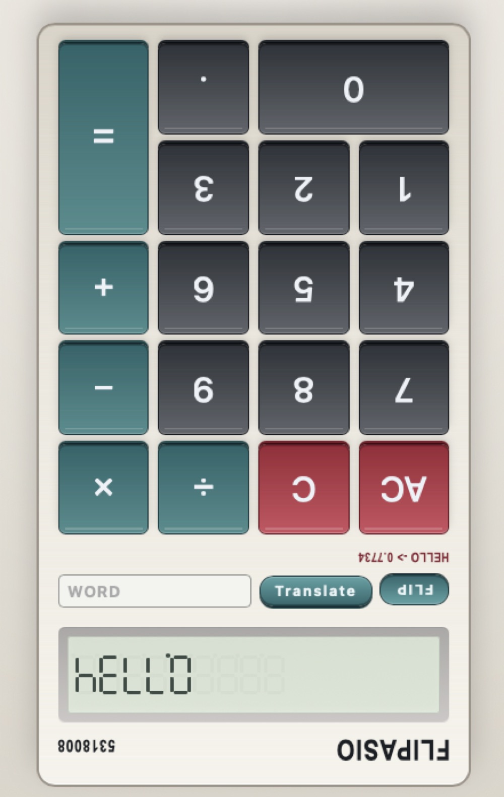Flipasio retro calculator showing HELLO upside down