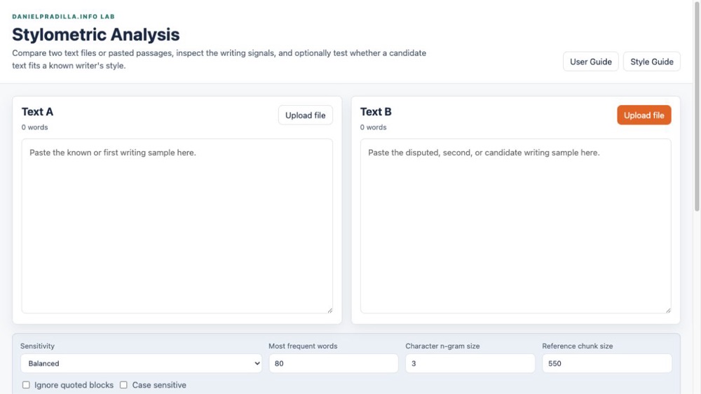 Stylometric Analysis writing comparison interface